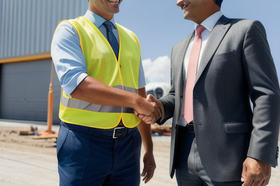 Businessman shaking hands with a construction worker in front of a newly developed industrial property