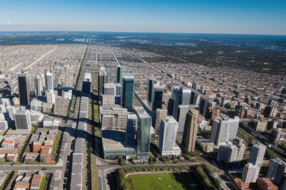 Aerial view of a cityscape with various real estate properties