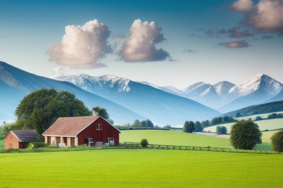 Imagem de uma paisagem rural com uma bela casa de fazenda cercada por campos verdes e montanhas ao fundo