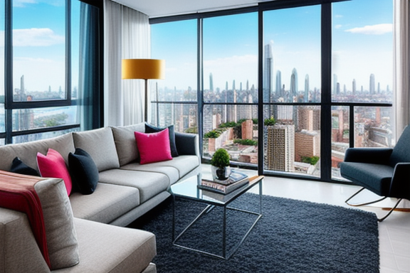 Imagem de um prédio de apartamentos moderno com um cenário urbano vibrante ao fundo