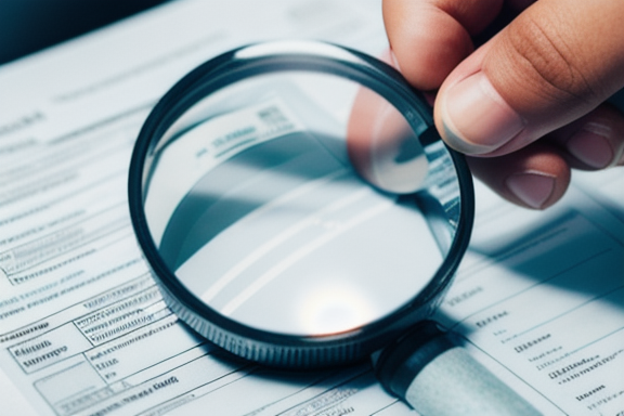 Person holding a magnifying glass over tax documents