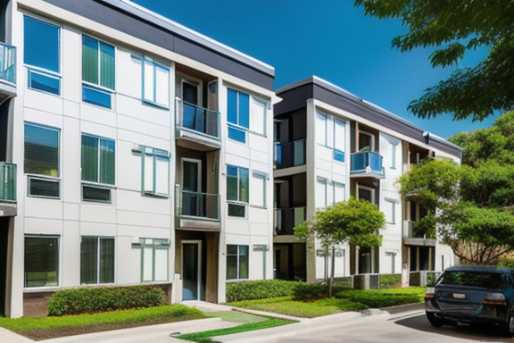 Imagem de prédios de apartamentos modernos com um ambiente verde luxuriante e uma atmosfera comunitária vibrante