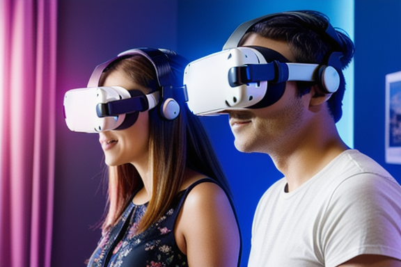 Casal usando óculos de realidade virtual explorando virtualmente uma casa
