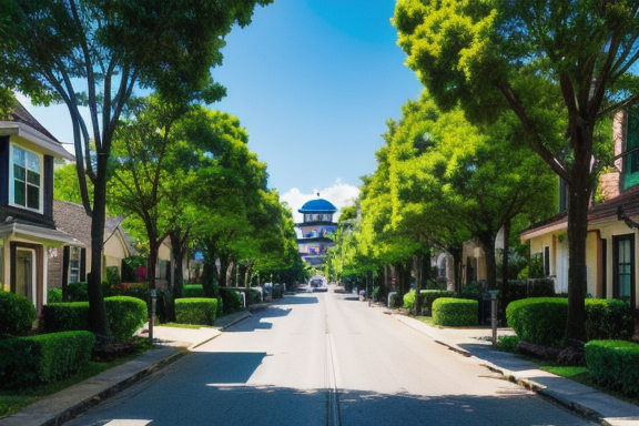 Imagem de um bairro pitoresco com casas bem cuidadas, jardins verdes e ruas arborizadas