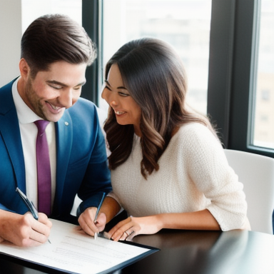 Casal feliz assinando contrato de imóvel para aluguel