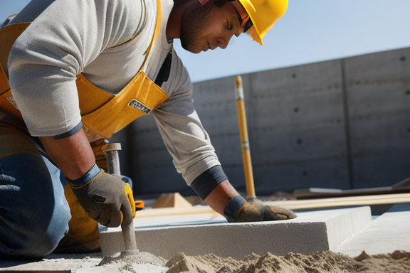 Construction worker pouring concrete into foundation forms