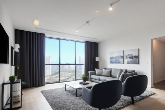 Imagem ilustrativa de um apartamento moderno com um fone de ouvido de realidade virtual em cima de uma mesa