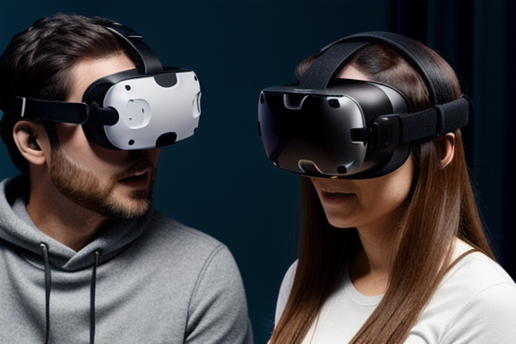 Casal usando headsets de realidade virtual, explorando uma representação virtual de uma casa