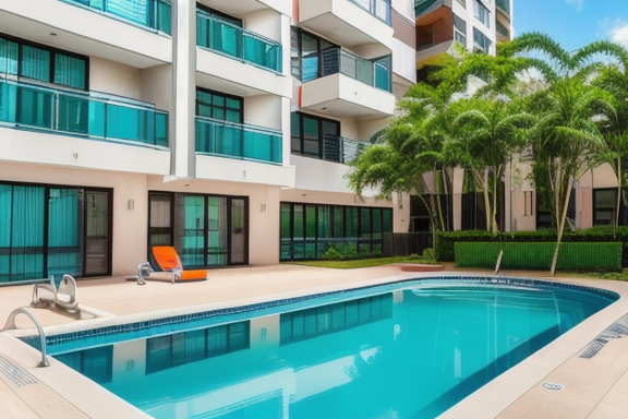 Modern apartment building with pool and gym facilities