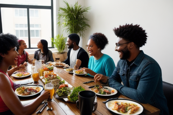 Group of diverse people enjoying a meal in a co-living space