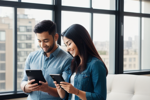 Casal navegando em redes sociais em seus smartphones enquanto olham para um apartamento moderno