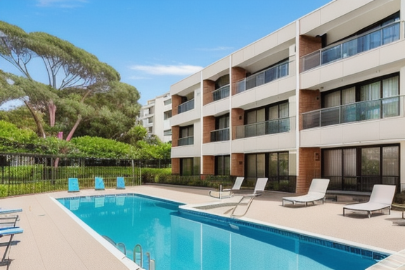 Imagem de um prédio de apartamentos moderno com piscina e paisagismo exuberante