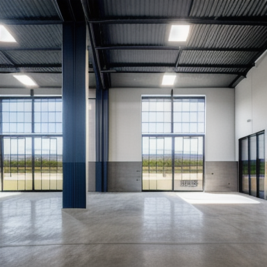Imagem de uma instalação industrial moderna com recursos sustentáveis e tecnologia avançada